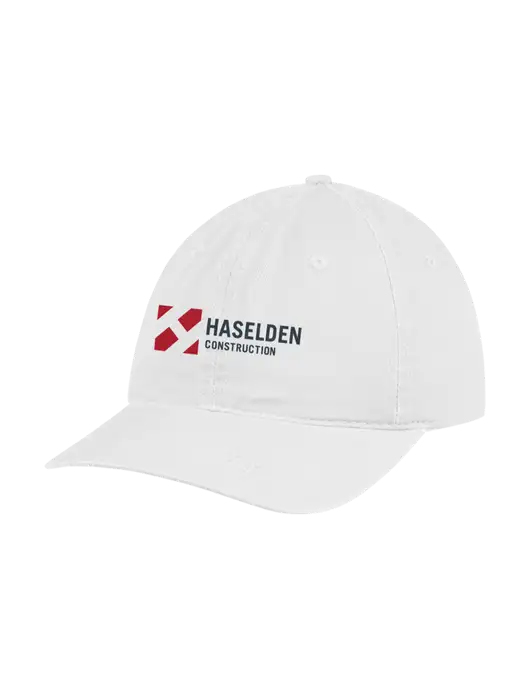 Garment Washed Unstructured Twill White Cap w/Haselden Construction Logo