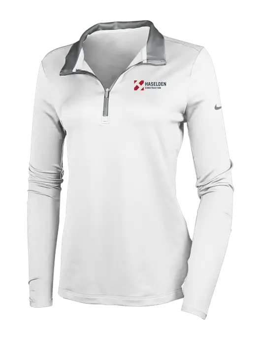 NIKE White/Dark Grey Womens Dry-Fit Stretch 1/2 Zip Cover-Up w/Haselden Construction Logo