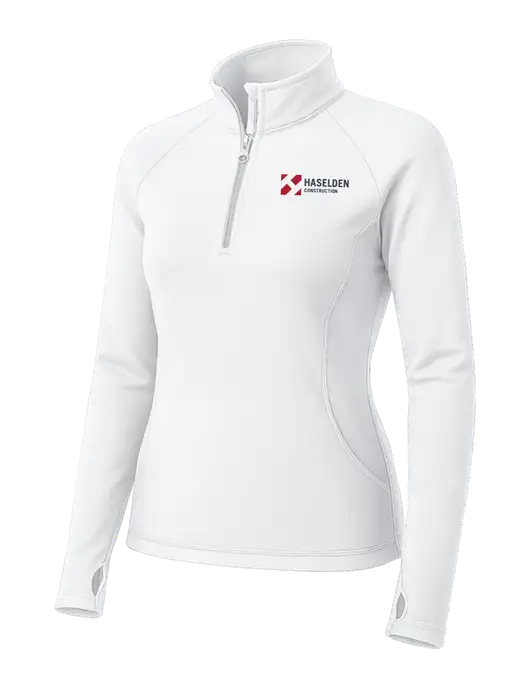 White Womens Sport Wick Stretch 1/4 Zip Pullover w/Haselden Construction Logo