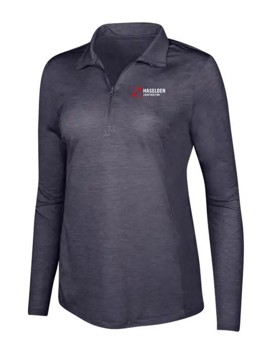 True Navy Heather Womens Posicharge Tri-Blend Wicking 1/4 Zip Pullover w/Haselden Construction Logo