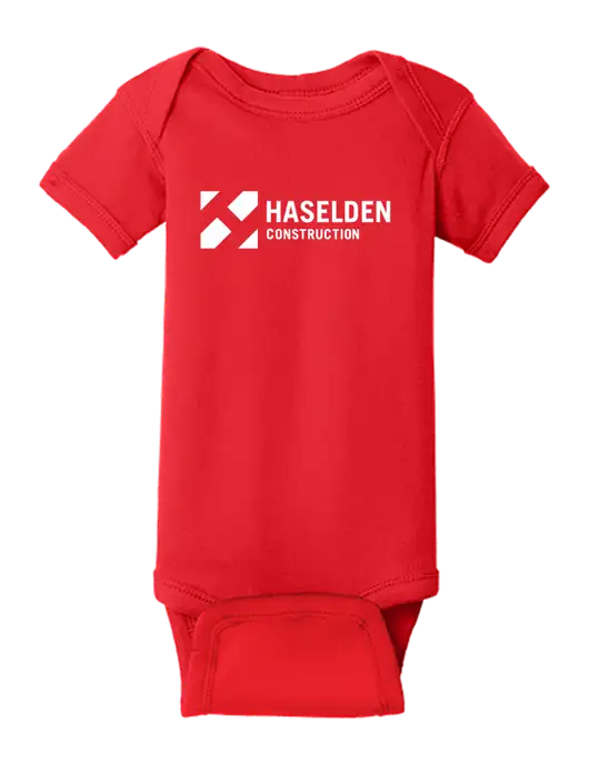 Rabbit Skins Red Infant Short Sleeve Baby Rib Bodysuit w/Haselden Construction Logo