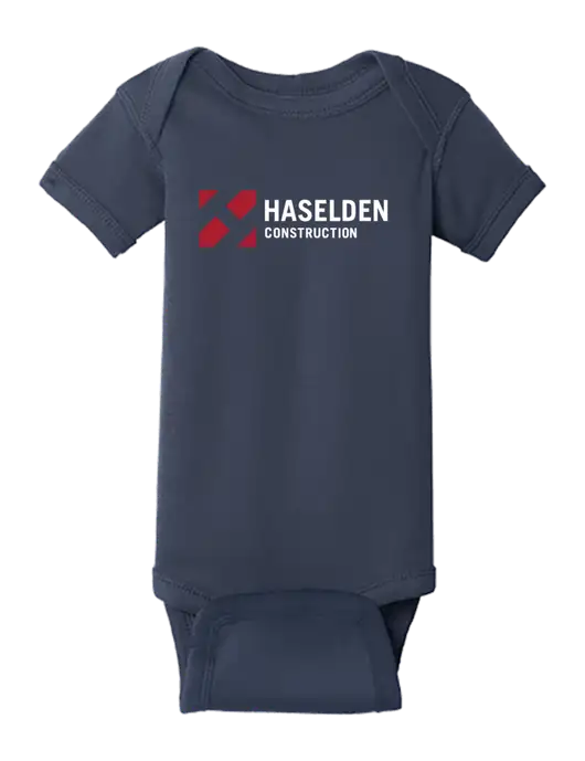 Rabbit Skins Navy Infant Short Sleeve Baby Rib Bodysuit w/Haselden Construction Logo