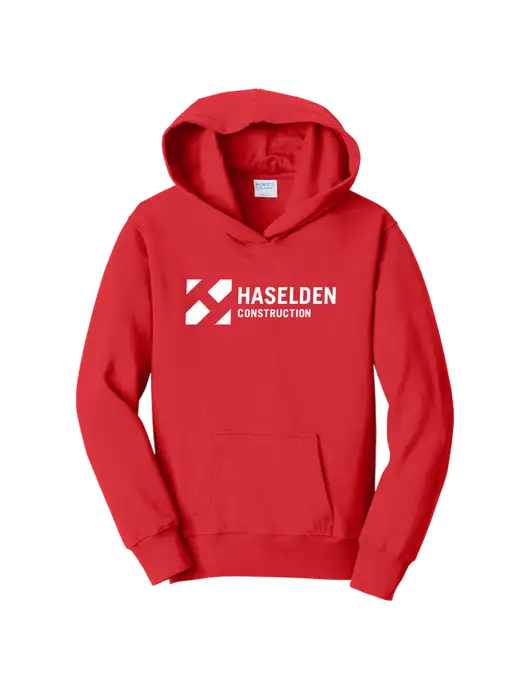 Youth Bright Red 8.5 oz Ring Spun Pullover Hooded Sweatshirt w/Haselden Construction Logo