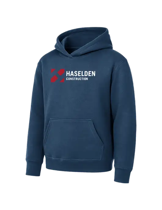 Youth Navy 7.8 oz Pullover Hooded Sweatshirt w/Haselden Construction Logo