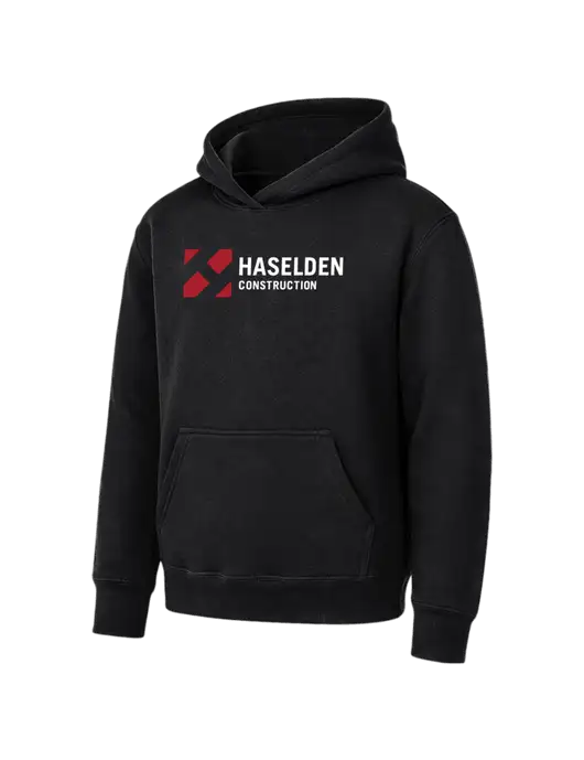 Youth Black 7.8 oz Pullover Hooded Sweatshirt w/Haselden Construction Logo