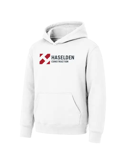 Youth White 7.8 oz Pullover Hooded Sweatshirt w/Haselden Construction Logo