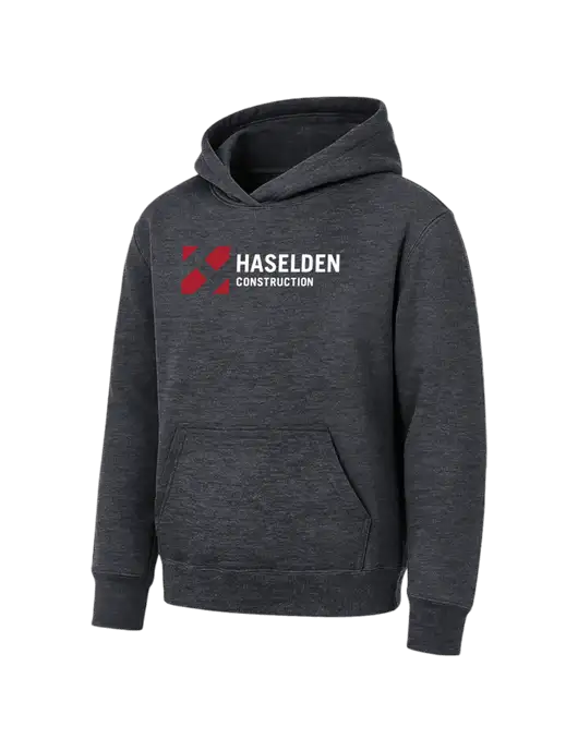 Youth Dark Heather Grey 7.8 oz Pullover Hooded Sweatshirt w/Haselden Construction Logo