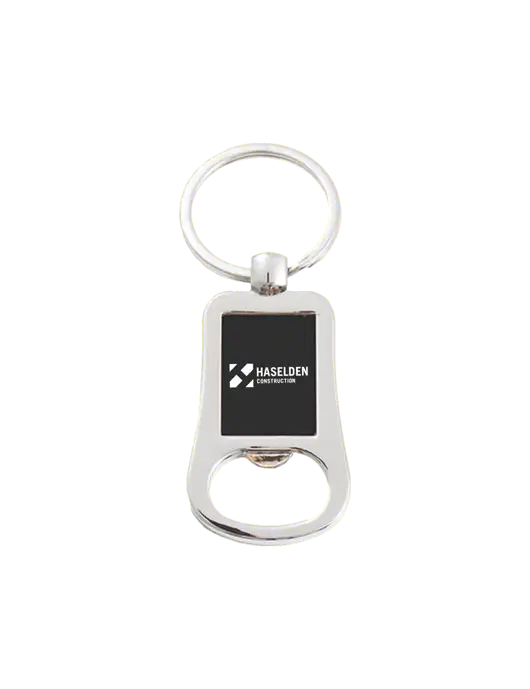 Silver & Black Bottle Opener Keychain w/Haselden Construction Logo