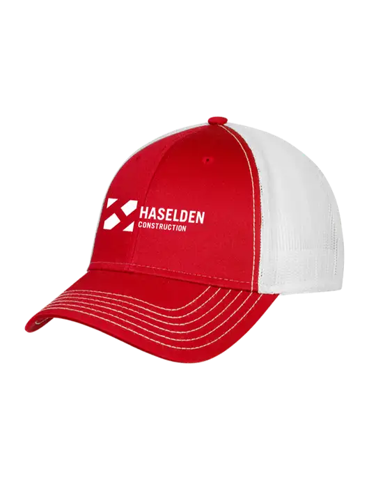 Red/White Mesh Trucker Cap Snap Back w/Haselden Construction Logo