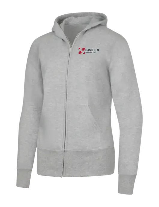 Grey Heather Womens Core Fleece Full-Zip Hooded Sweatshirt w/Haselden Construction Logo