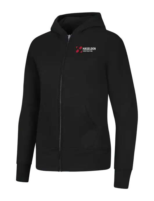 Jet Black Womens Core Fleece Full-Zip Hooded Sweatshirt w/Haselden Construction Logo