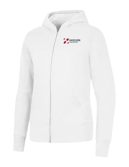 White Womens Core Fleece Full-Zip Hooded Sweatshirt w/Haselden Construction Logo