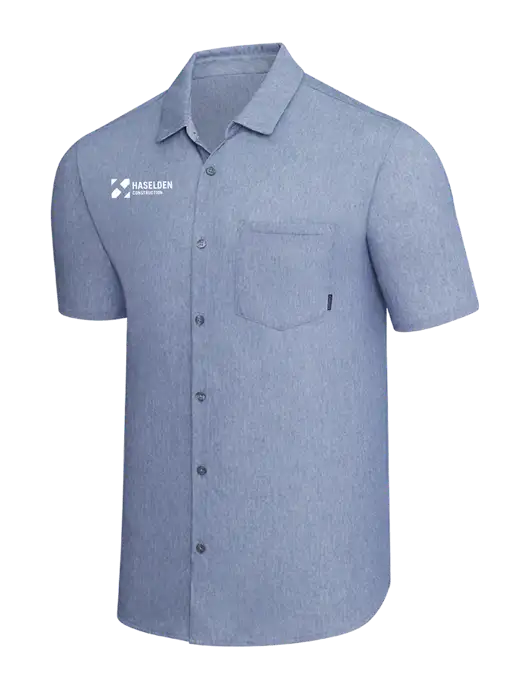 OGIO Slate Blue Heather Extend Short Sleeve Button Up Shirt w/Haselden Construction Logo