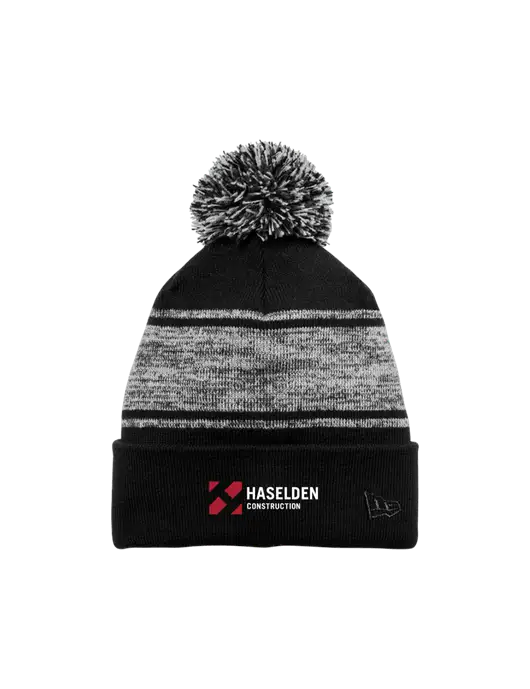 New Era Black/Charcoal Knit Chilled Pom Beanie w/Haselden Construction Logo