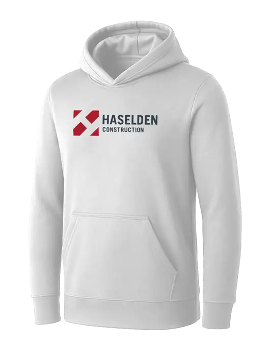 Womens White Core Fleece Pullover Hooded Sweatshirt w/Haselden Construction Logo