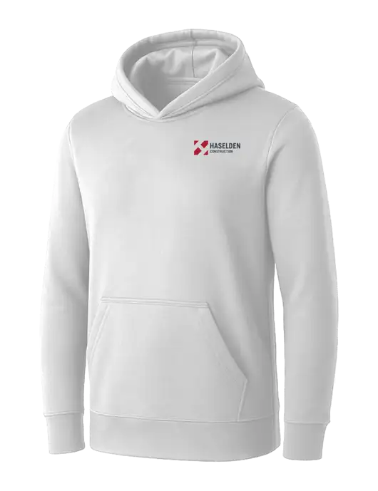 Womens White Core Fleece Pullover Hooded Sweatshirt w/Haselden Construction Logo