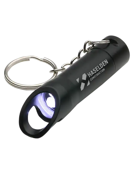 Black Pocket LED Flashlight with Bottle Opener & Keychain w/Haselden Construction Logo