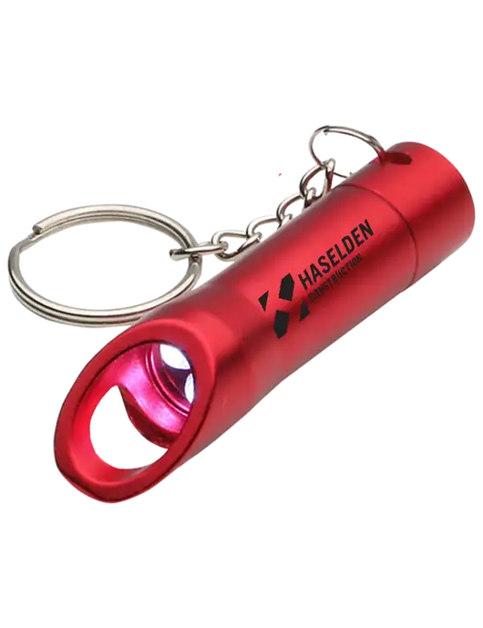 Red Pocket LED Flashlight with Bottle Opener & Keychain w/Haselden Construction Logo