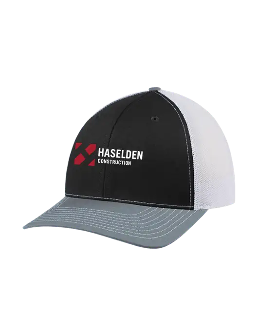 Richardson Adjustable Snapback Original 112 Trucker Cap Black/Light Heather Grey/White Mesh w/Haselden Construction Logo