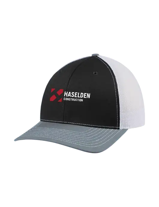 Richardson Adjustable Snapback Original 112 Trucker Cap Black/Light Heather Grey/White Mesh w/Haselden Construction Logo