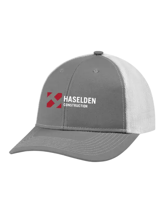 Snapback Ponytail Trucker Cap Light Medium Heather Grey w/White Mesh w/Haselden Construction Logo