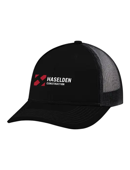 Snapback Ponytail Trucker Cap Black w/Black Mesh w/Haselden Construction Logo