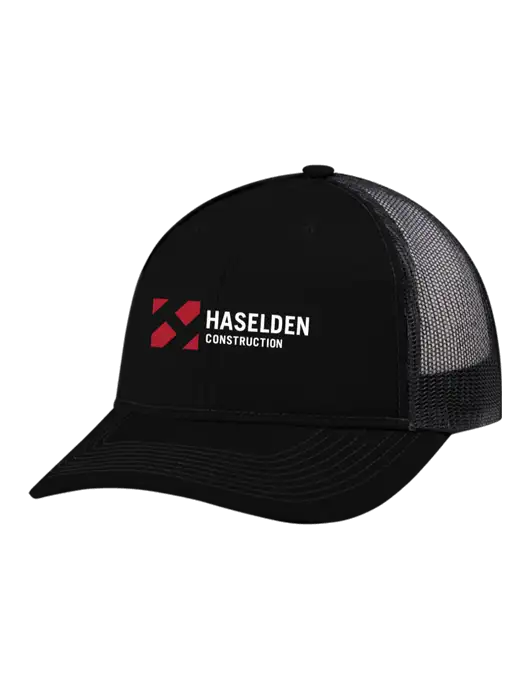Snapback Ponytail Trucker Cap Black w/Black Mesh w/Haselden Construction Logo