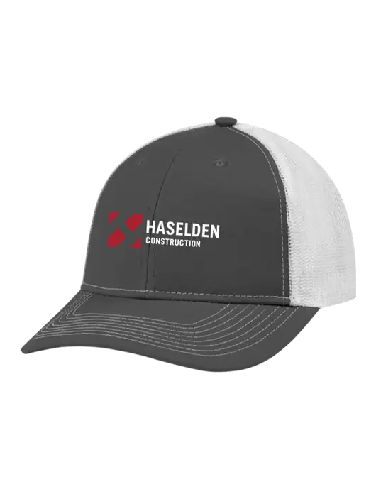 Snapback Ponytail Trucker Cap Dark Grey w/White Mesh w/Haselden Construction Logo