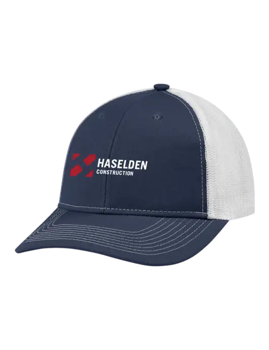 Snapback Ponytail Trucker Cap Navy w/White Mesh w/Haselden Construction Logo