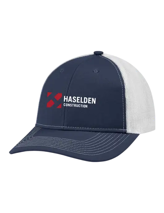 Snapback Ponytail Trucker Cap Navy w/White Mesh w/Haselden Construction Logo