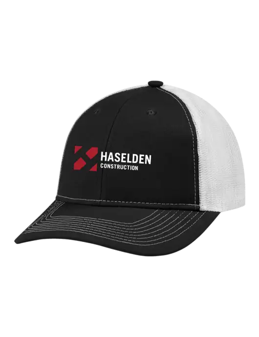 Snapback Ponytail Trucker Cap Black w/White Mesh w/Haselden Construction Logo