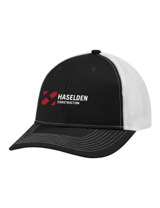 Snapback Ponytail Trucker Cap Black w/White Mesh w/Haselden Construction Logo