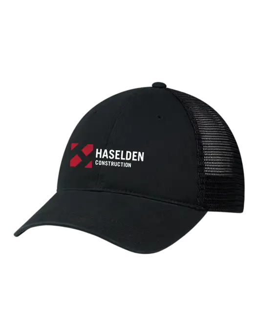 Richardson 111 Garment Washed Trucker Cap Black w/Black Mesh w/Haselden Construction Logo