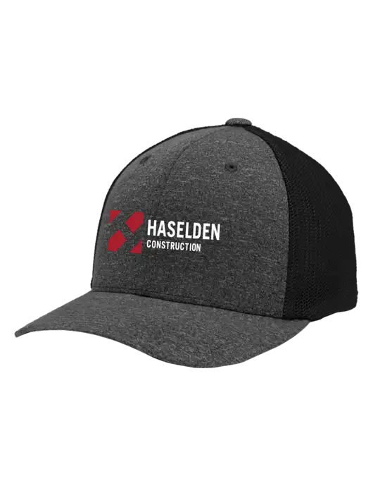 Flexfit Black/Dark Charcoal Heather Melange Mesh Back Trucker Cap w/Haselden Construction Logo