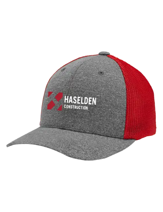Flexfit Red/Medium Grey Heather Melange Mesh Back Trucker Cap w/Haselden Construction Logo