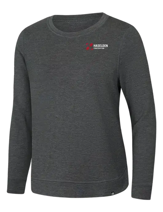 TravisMathew Womens Dark Grey Heather Lightweight Long Weekend Crew w/Haselden Construction Logo