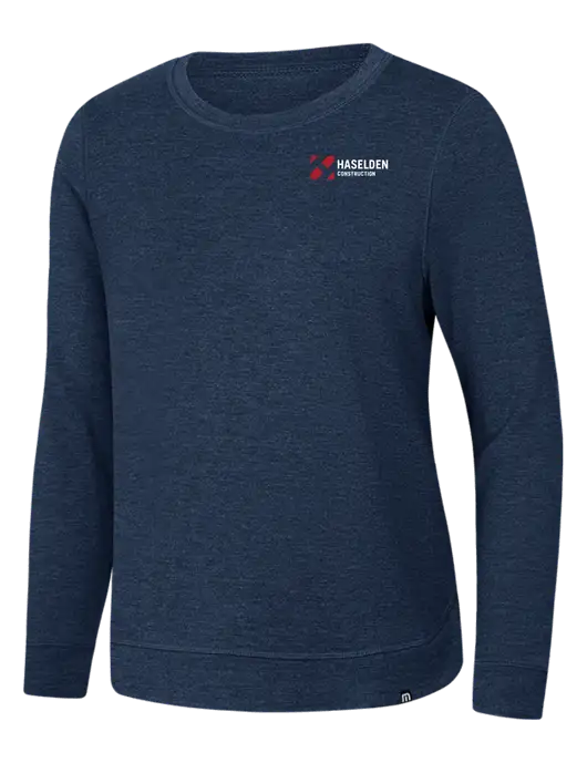 TravisMathew Womens Dark Slate Blue Heather Lightweight Long Weekend Crew w/Haselden Construction Logo