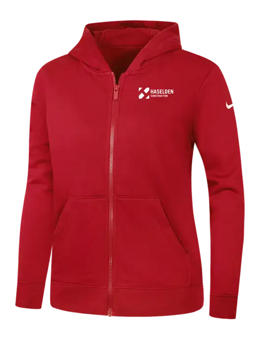 Nike Womens Club Fleece Sleeve Swoosh Full-Zip Red Hoodie w/Haselden Construction Logo