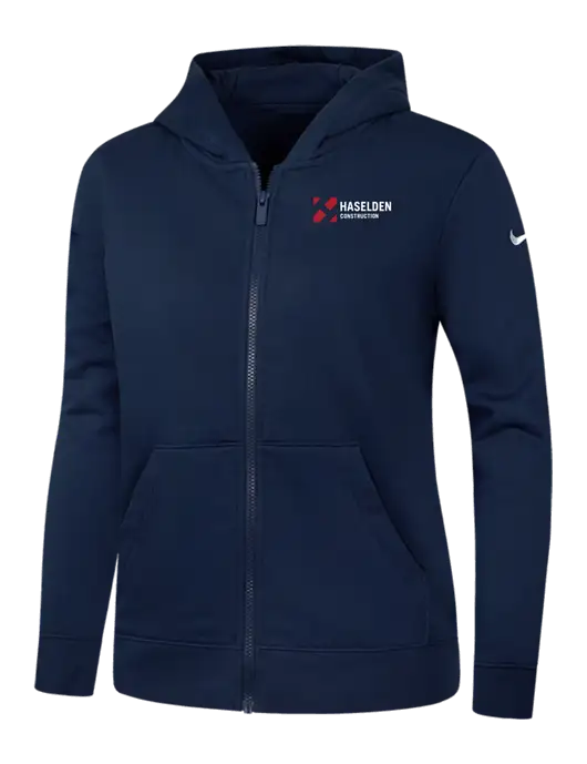 Nike Womens Club Fleece Sleeve Swoosh Full-Zip Dark Navy Hoodie w/Haselden Construction Logo