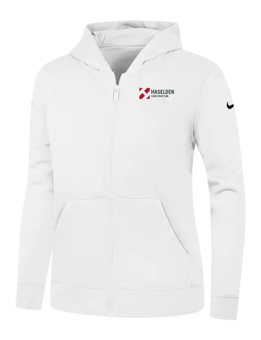 Nike Womens Club Fleece Sleeve Swoosh Full-Zip White Hoodie w/Haselden Construction Logo