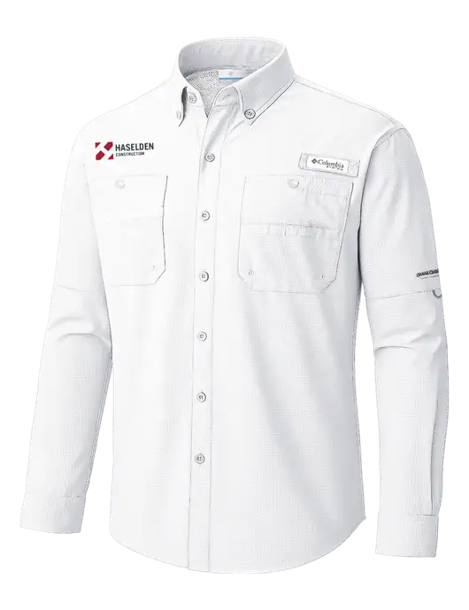 Columbia White PFG Tamiami II Long SleeveShirt w/Haselden Construction Logo