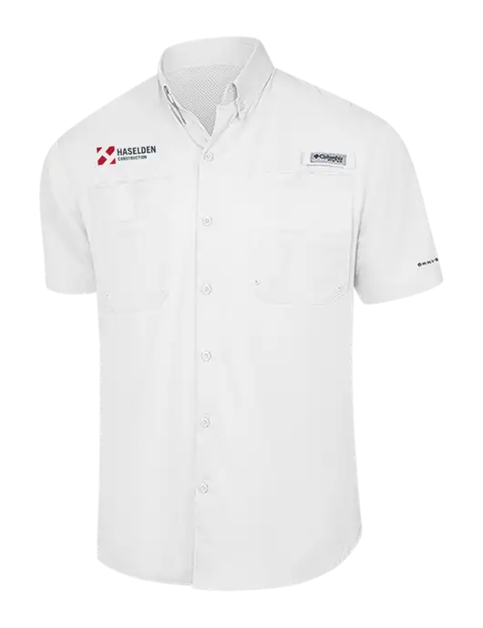 Columbia White PFG Tamiami II Short Sleeve Shirt w/Haselden Construction Logo