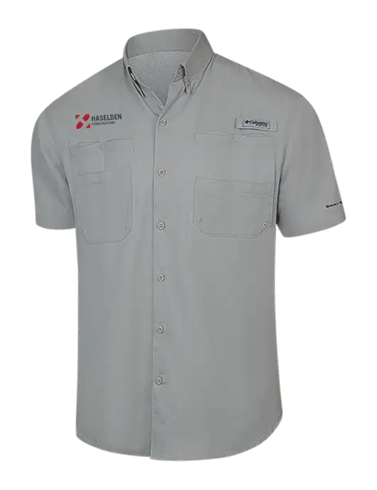 Columbia Light Grey PFG Tamiami II Short Sleeve Shirt w/Haselden Construction Logo