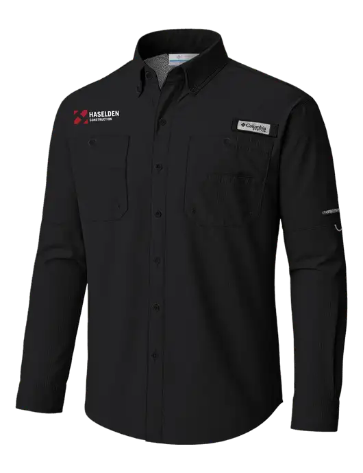Columbia Black PFG Tamiami II Long SleeveShirt w/Haselden Construction Logo
