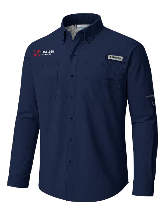 Columbia Navy PFG Tamiami II Long SleeveShirt w/Haselden Construction Logo