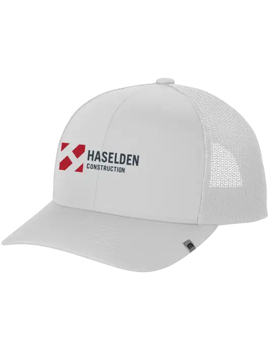 TravisMathew White Cruz Trucker Cap w/Haselden Construction Logo