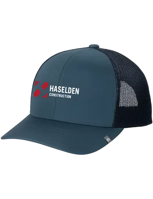 TravisMathew Dark Slate Blue Cruz Trucker Cap w/Haselden Construction Logo