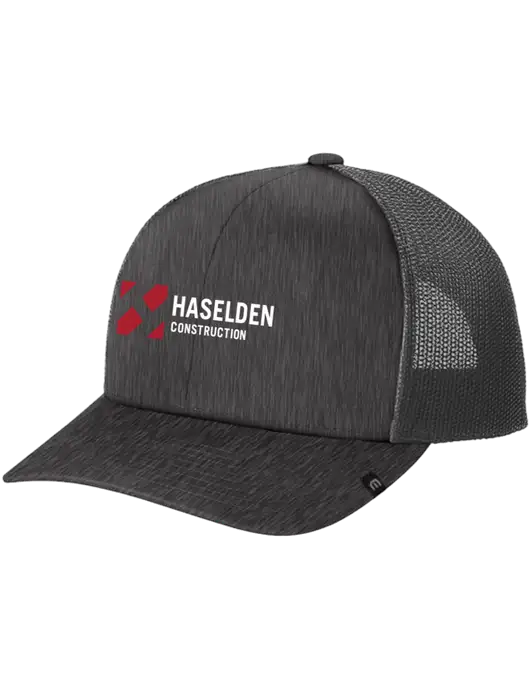 TravisMathew Very Dark Grey Heather Cruz Trucker Cap w/Haselden Construction Logo