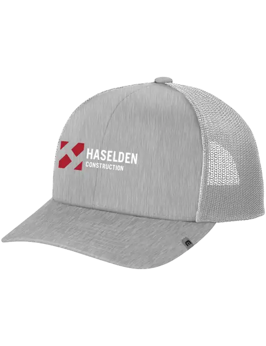 TravisMathew Light Medium Grey Heather Cruz Trucker Cap w/Haselden Construction Logo