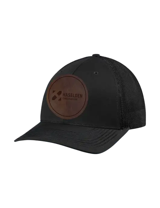 Richardson Adjustable Snapback Original 112 Trucker Cap Black w/Black Mesh w/Haselden Construction Leather Patch Logo